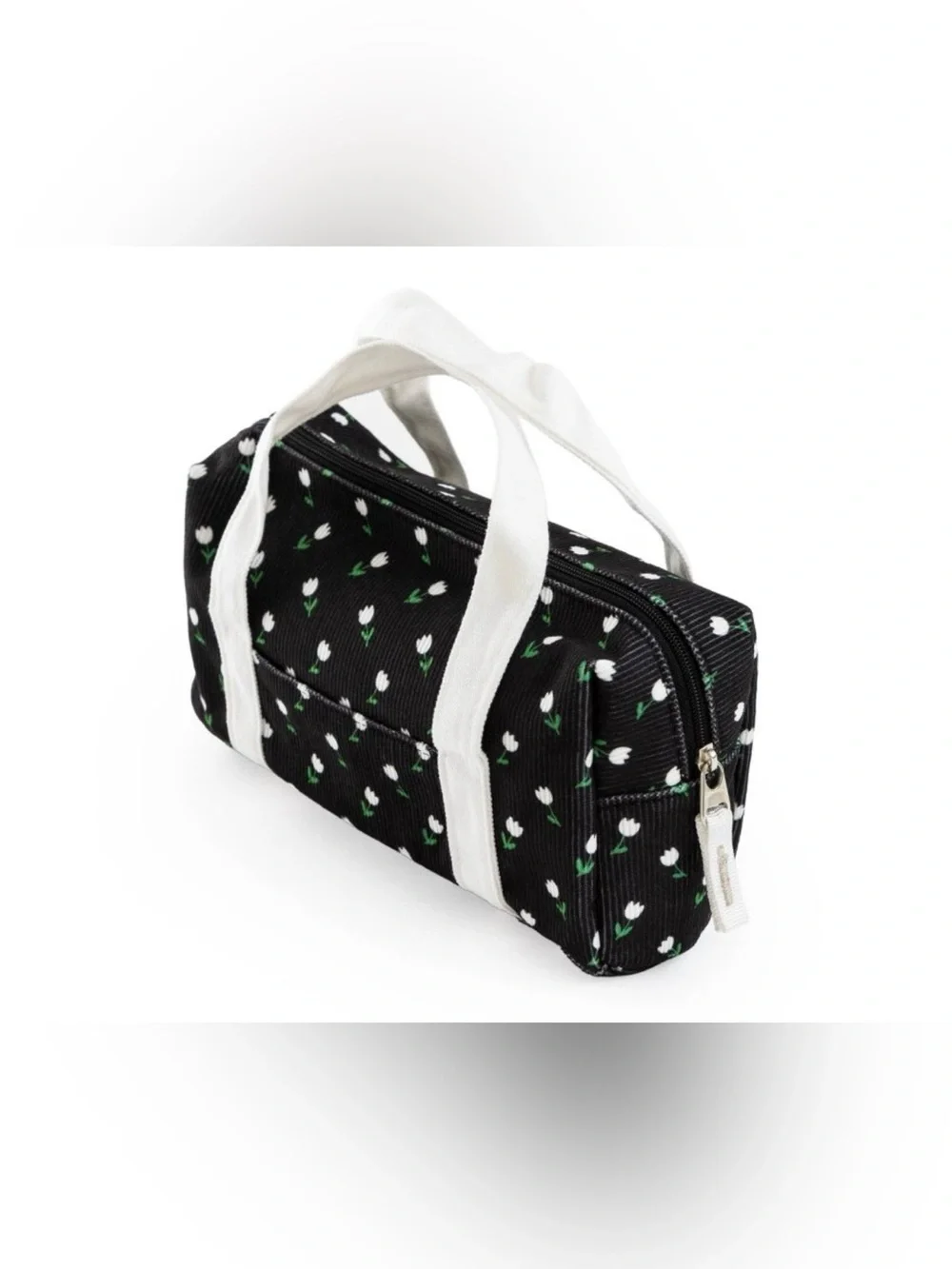 Yoobi Single Zip Corduroy Pouch with Handles - Black Mini Tulips
